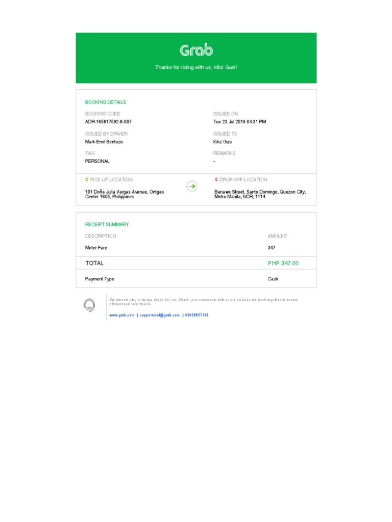 Grab Receipt Sample PDF