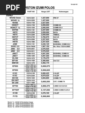 Daftar Harga Piston dan Sparepart Diesel | PDF | Engine Technology