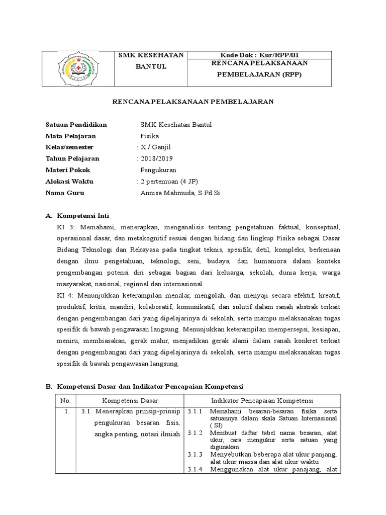 Kd 1 Rpp Fisika Smk Besaran Satuan K13 Pdf