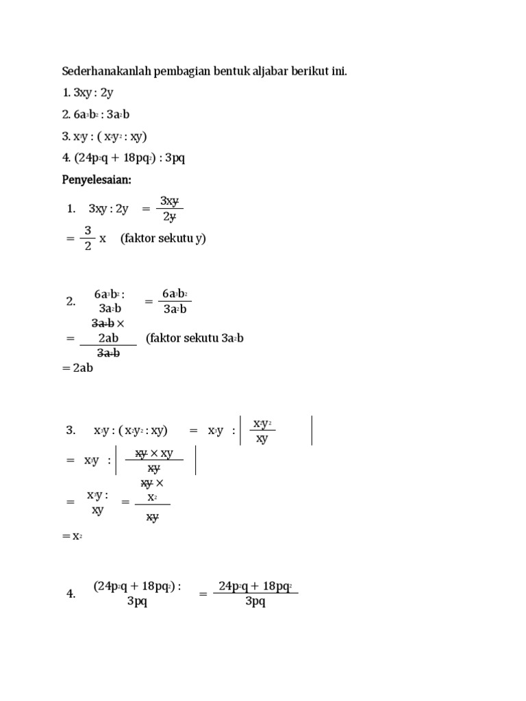 Sederhanakanlah Pembagian Bentuk Aljabar Berikut Ini