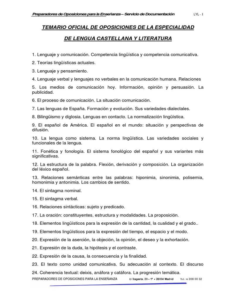 Temario Oficial De Oposiciones De La Especialidad De Lengua Castellana