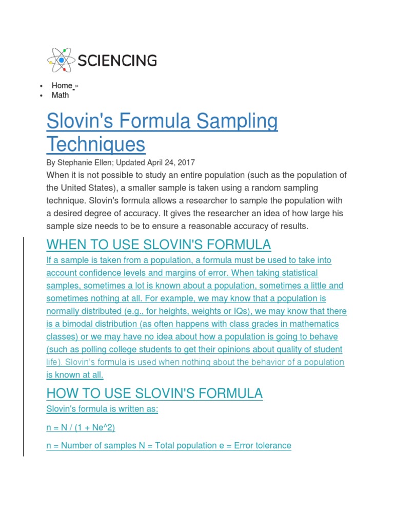 Slovin Formula Sampling Techniques Margin Of Error Sampling