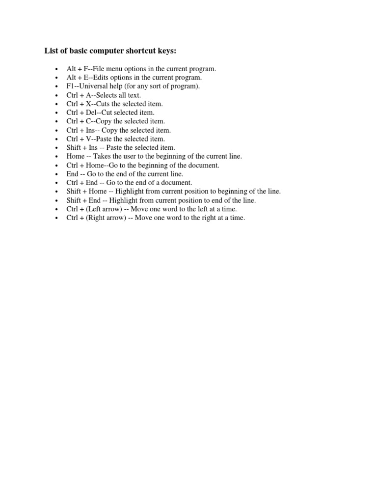 List of Basic Computer Shortcut Keys | PDF