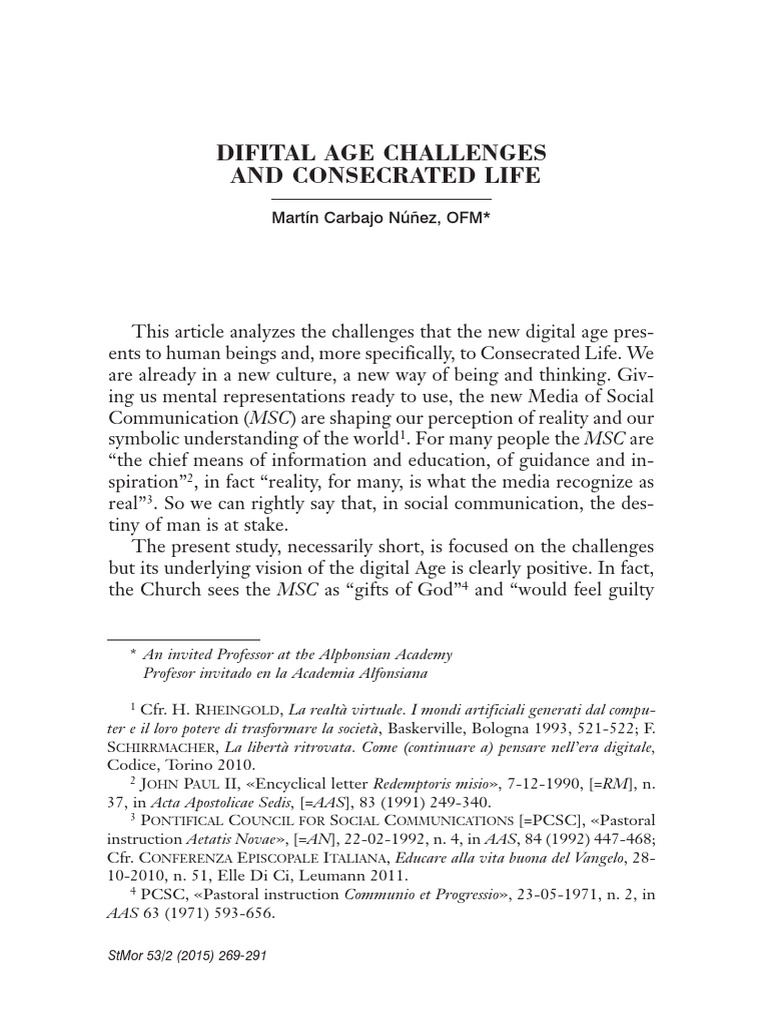 Digital Age Challenges and Consecrated Life PDF Psychological