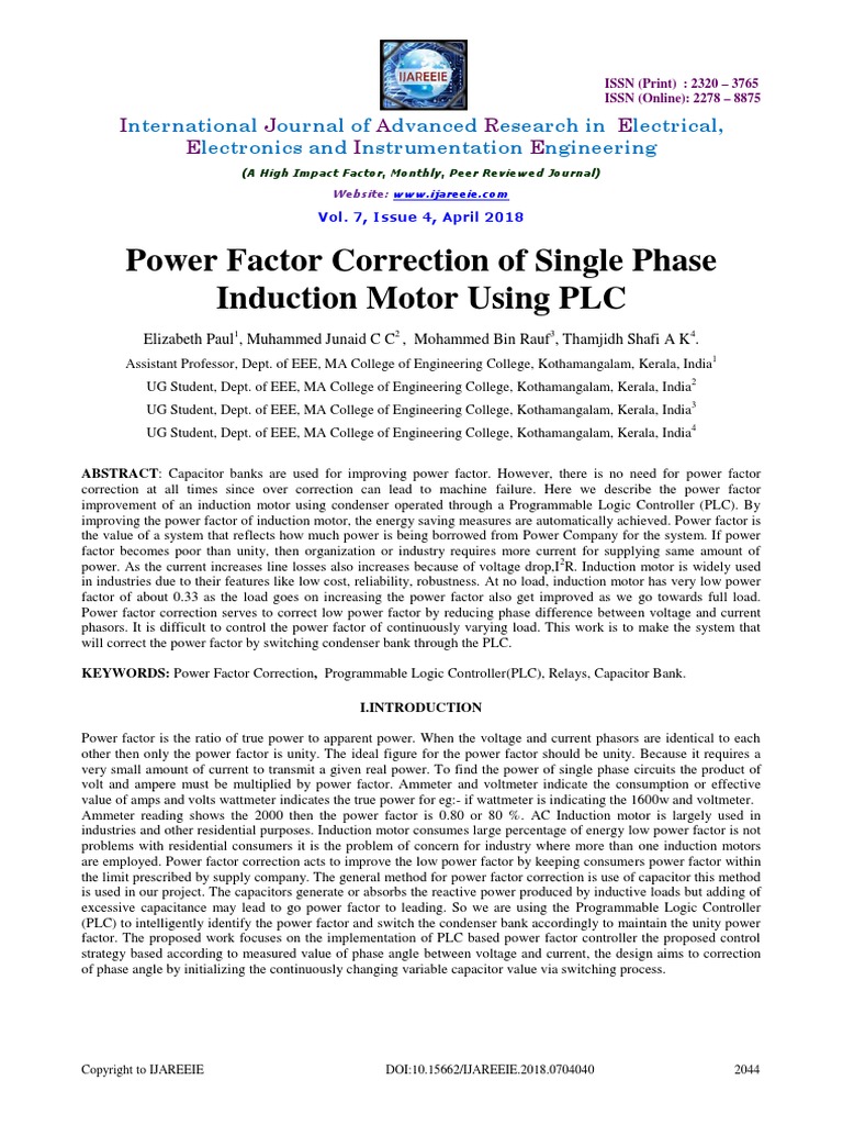Power Factor Correction of Single Phase Induction Motor Using PLC PDF Matlab Ac Power