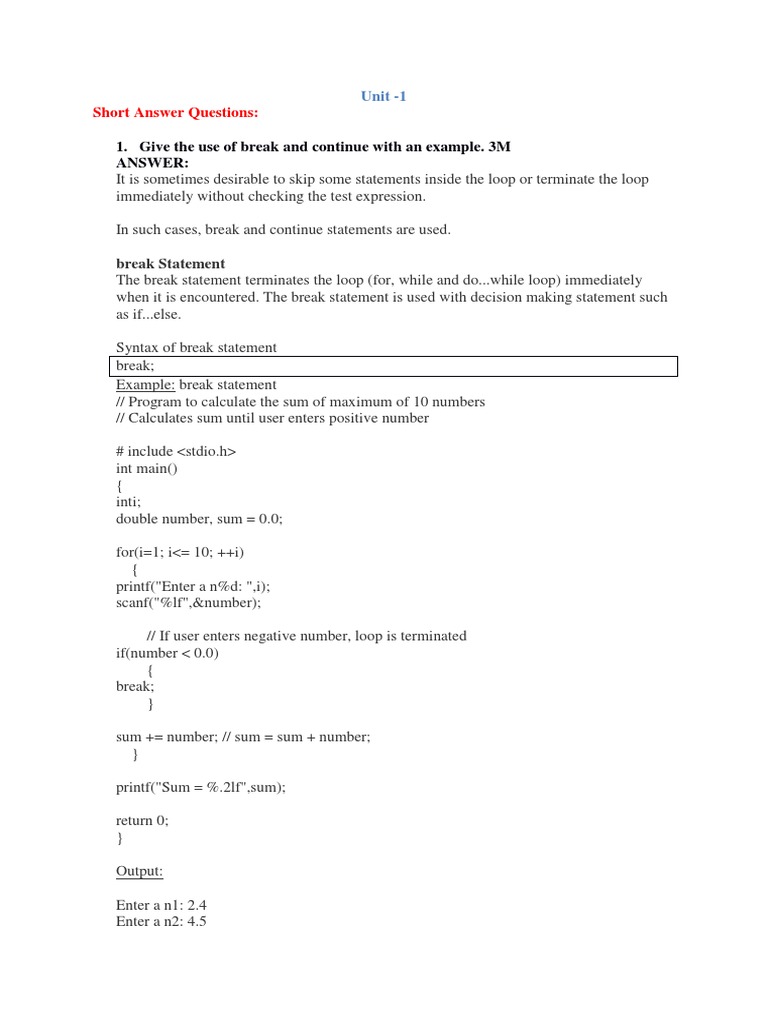 Give The Use of Break and Continue With An Example. 3M Answer | PDF ...