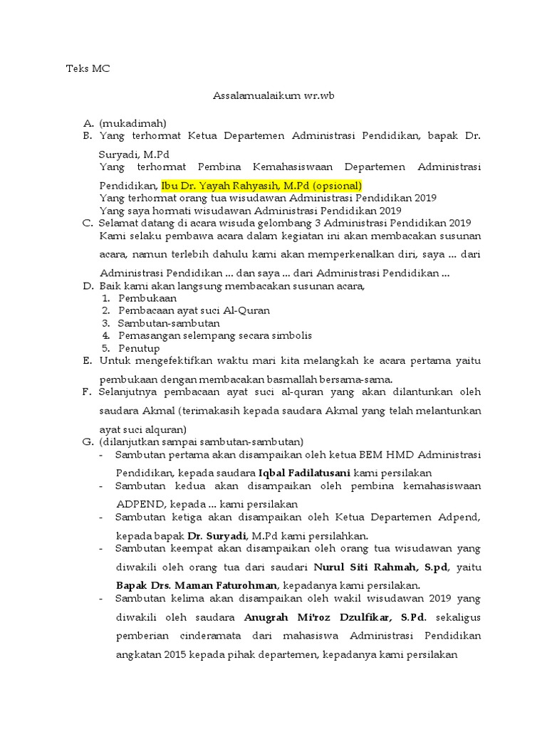 Teks MC Wisuda Formal 2019 | PDF