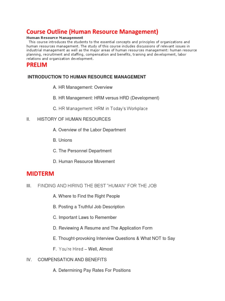 Human Resource Management Course Outline | PDF | Human Resource ...