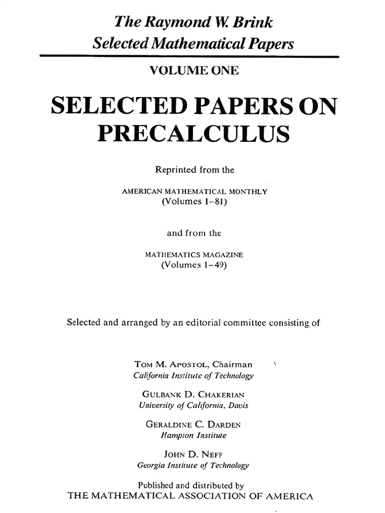 (Raymond W. Brink Selected Mathematical Papers, Vol. 1) Tom M. Apostol ...
