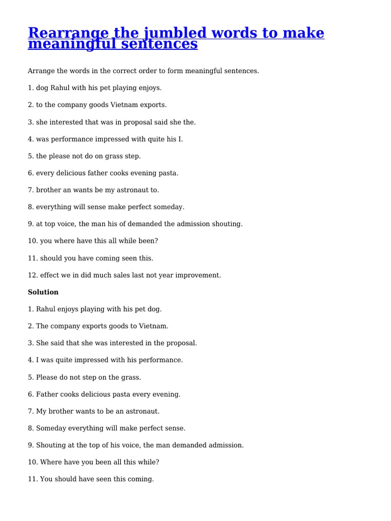 Rearrange The Jumbled Words To Make Meaningful Sentences Solution PDF