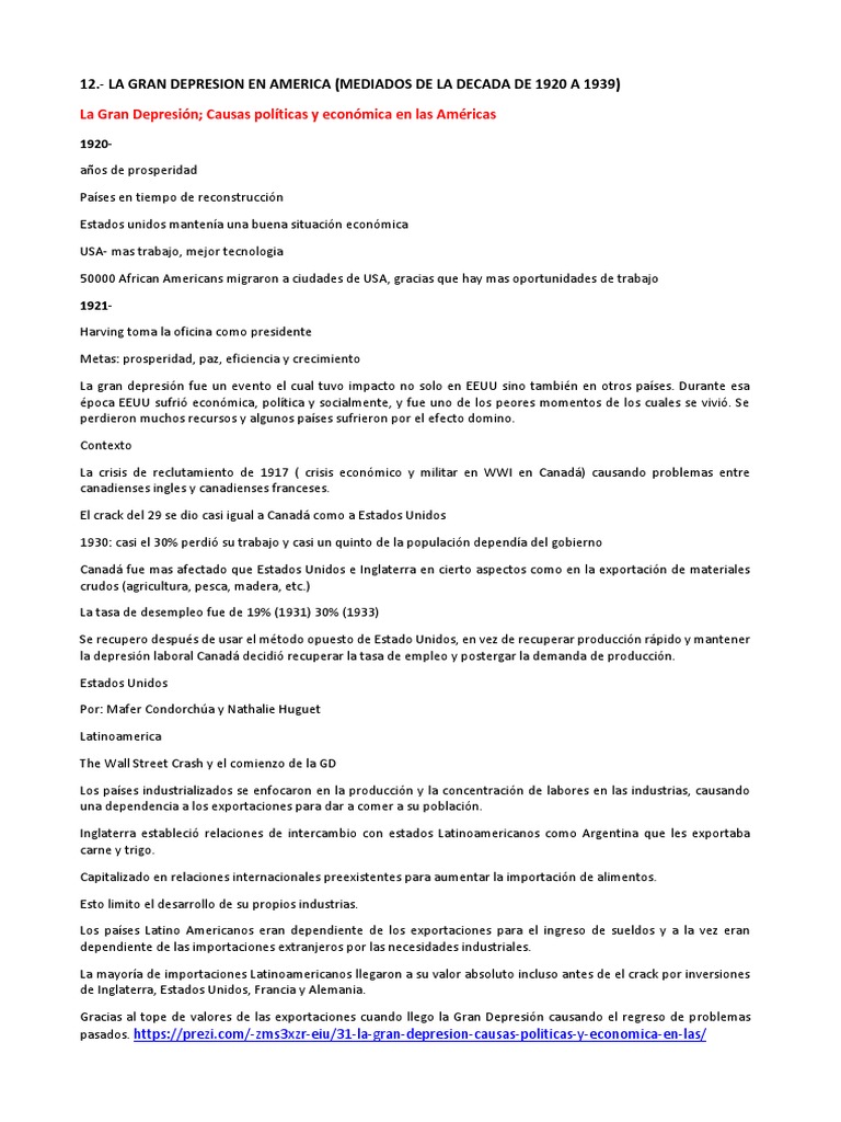 Causas y Efectos de la Gran Depresión | PDF | Gran depresion | Nuevo ...