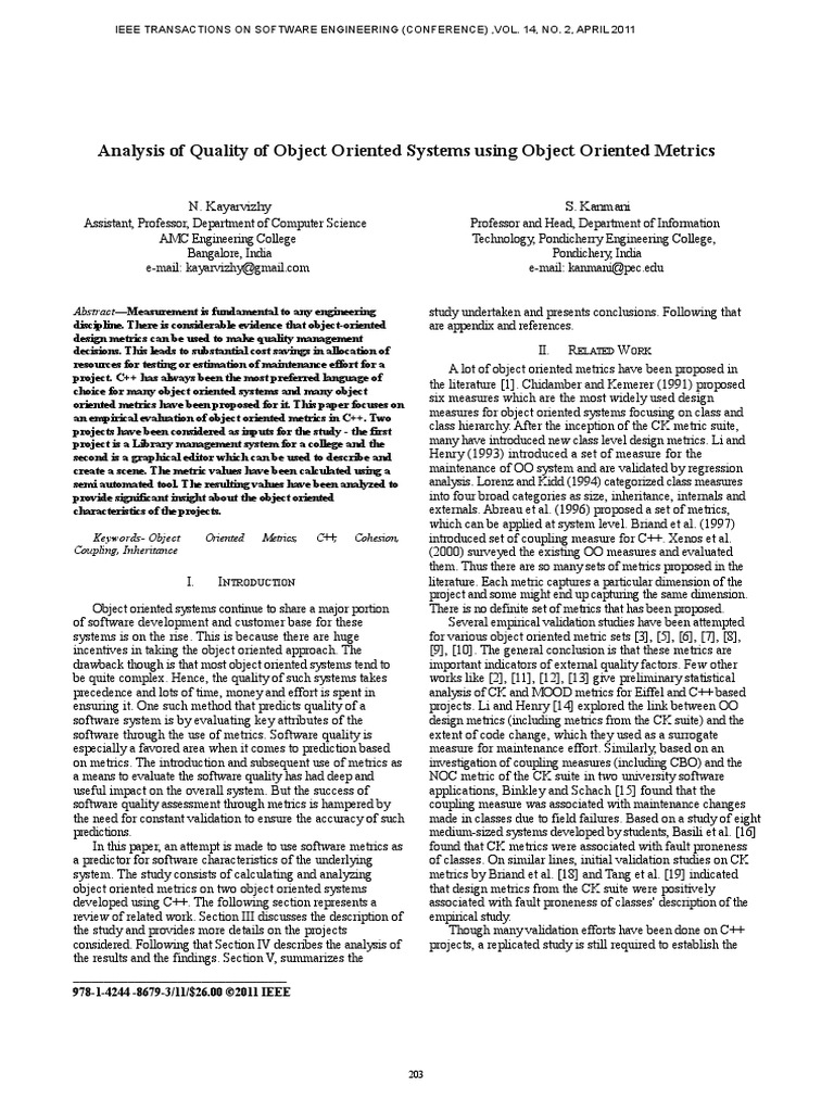 Analysis of Quality of Object Oriented Systems Using Object Oriented ...