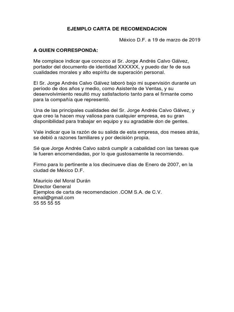 Ejemplo Carta De Recomendacion