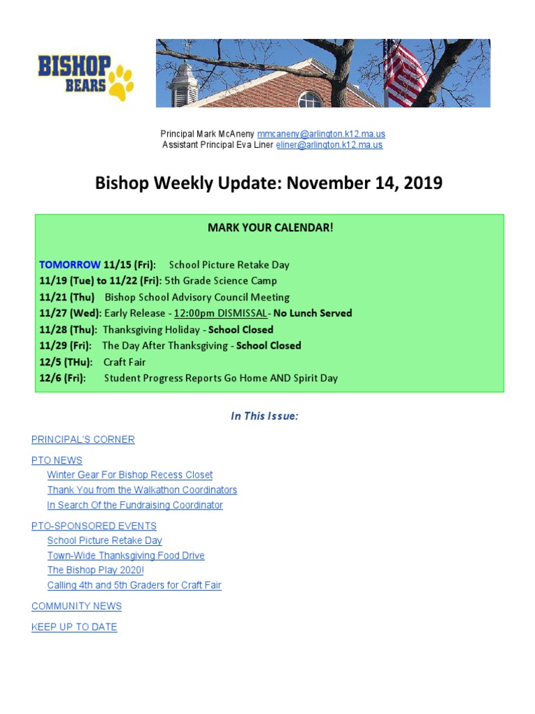 Bishop Weekly Update: November 14, 2019: Mark Your Calendar! | PDF