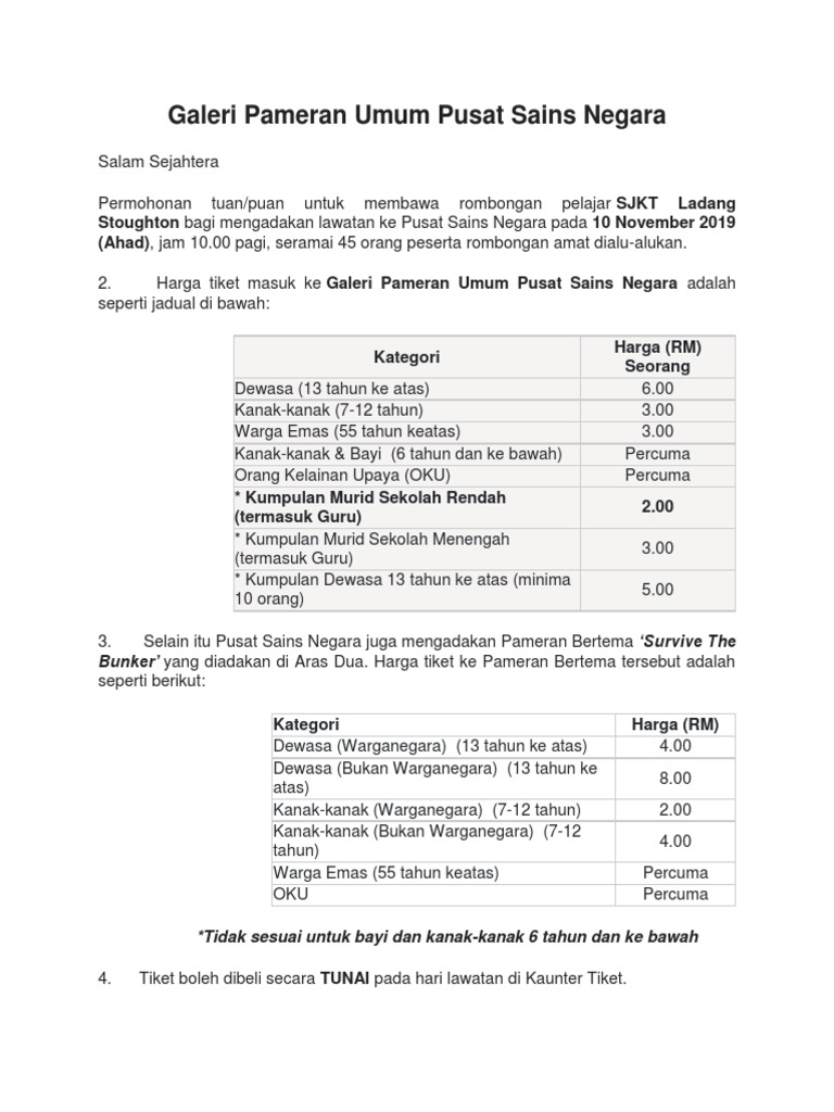Harga Tiket Pusat Sains Negara 2023 | PDF