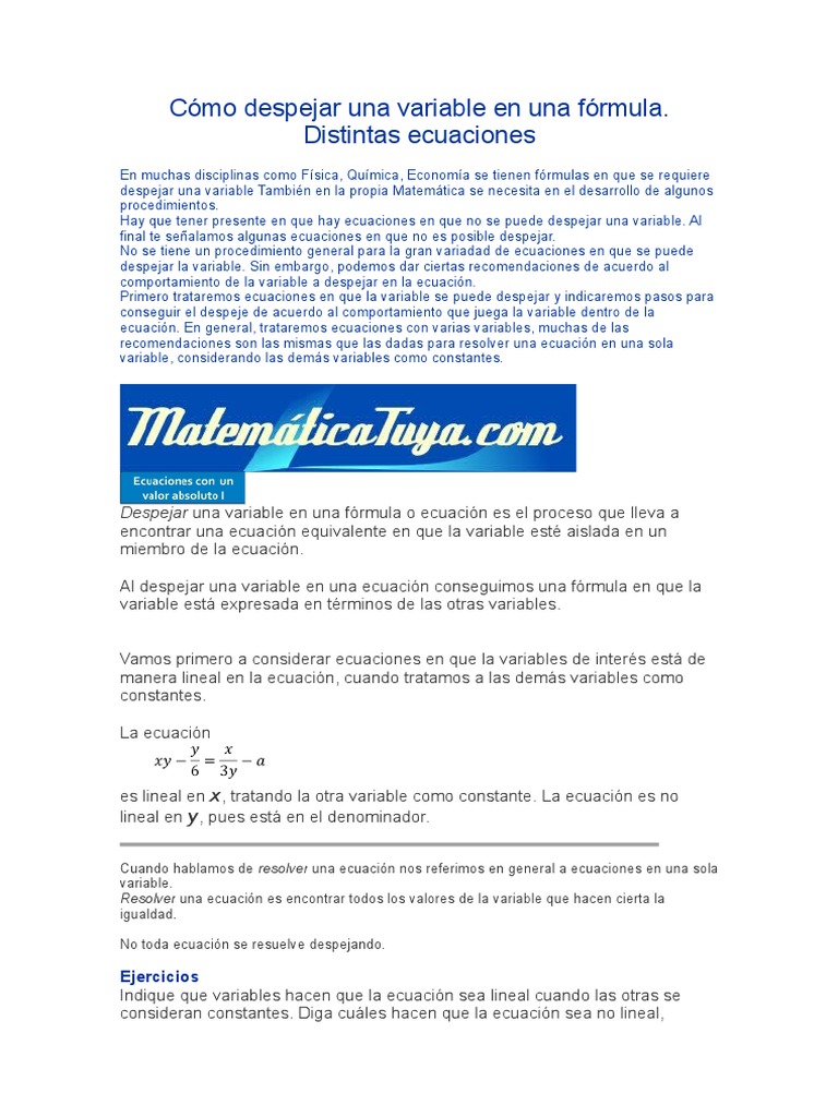 Cómo Despejar Una Variable en Una Fórmula Download Free PDF