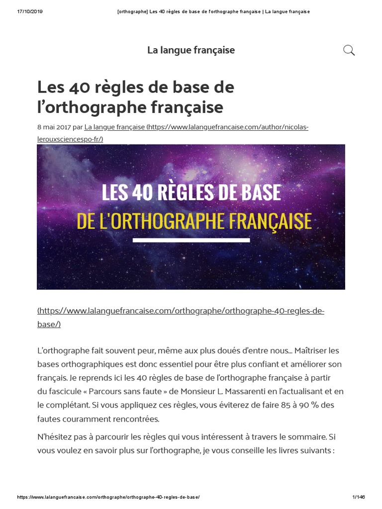 Les 50 Règles D or De La Grammaire Pdf Les 40 Règles de Base de L'orthographe Française | PDF | Genre grammatical  | Morphologie
