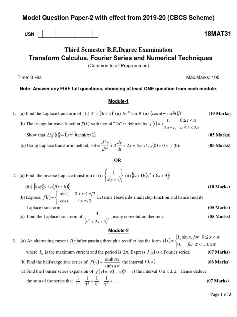 Engineering Maths Model Question Paper | PDF | Fourier Series | Sine