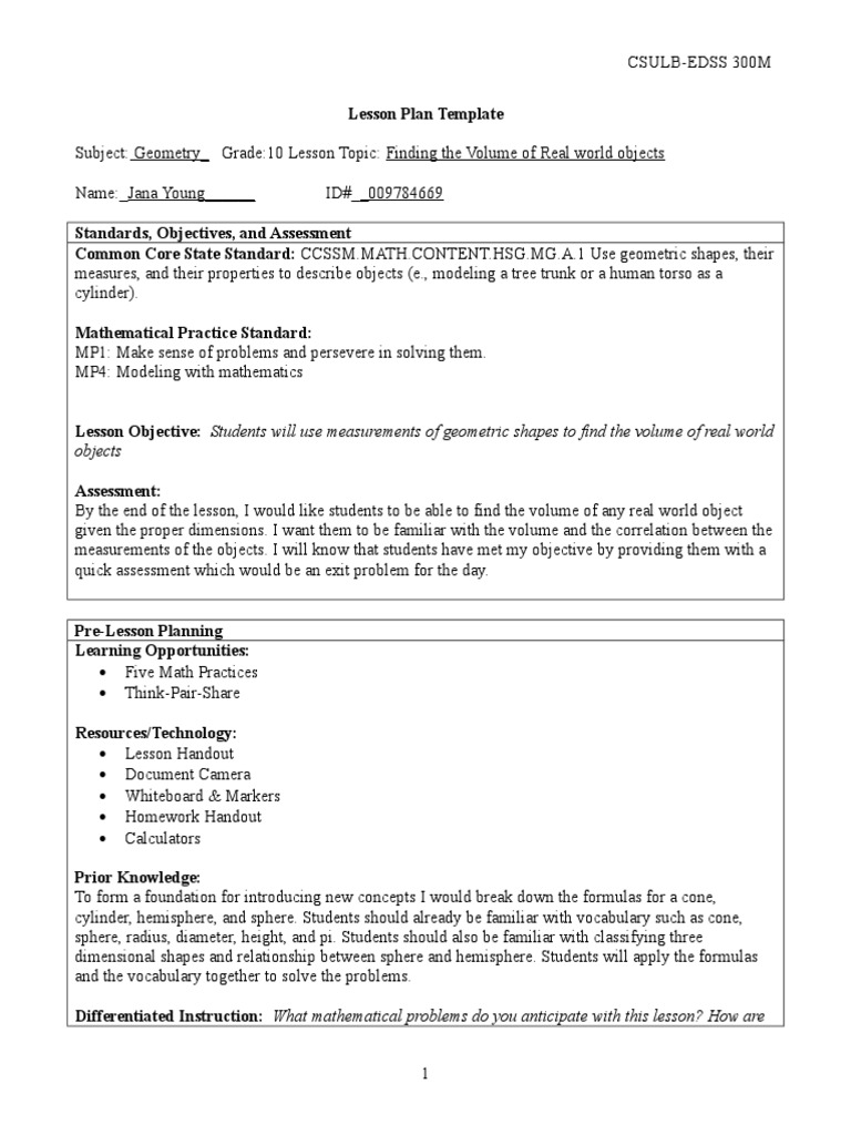 Geometry Volume Lesson Plan | PDF | Sphere | Question
