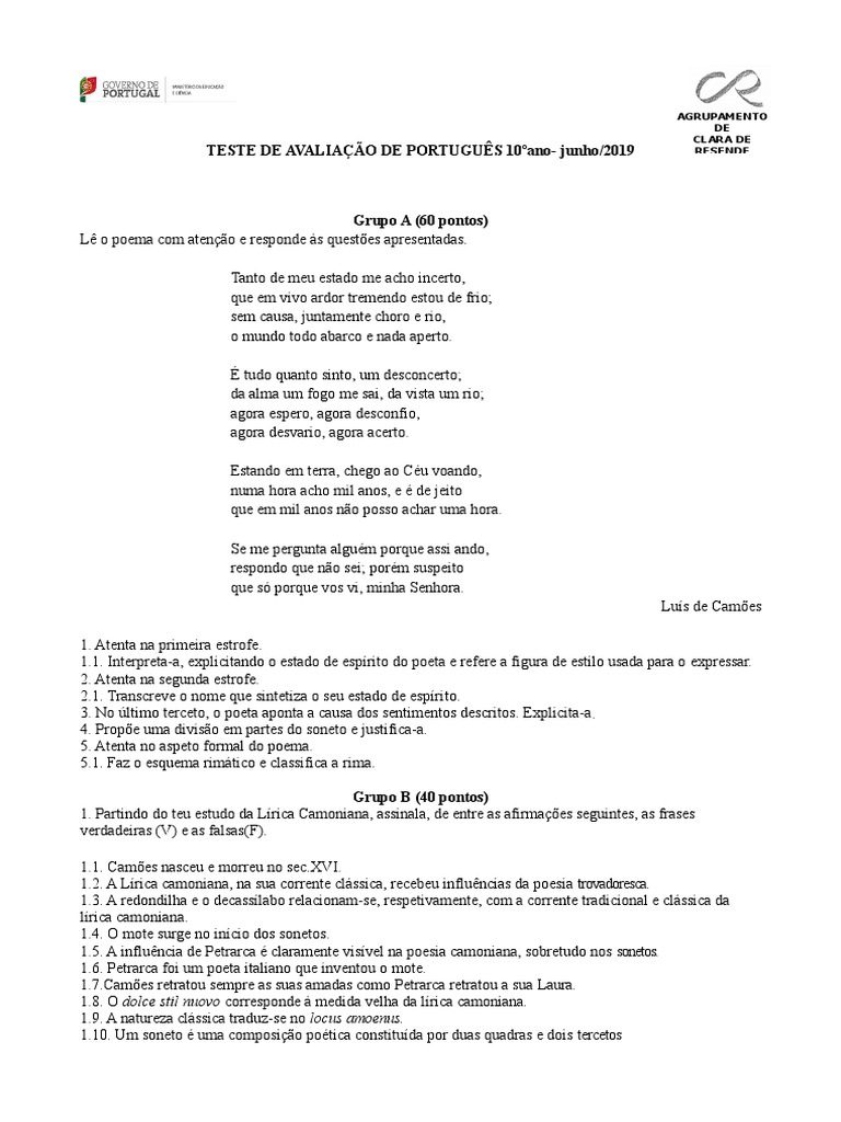 Teste de Avaliação de Português 10º Ano | PDF | Sonetos | Forma poética
