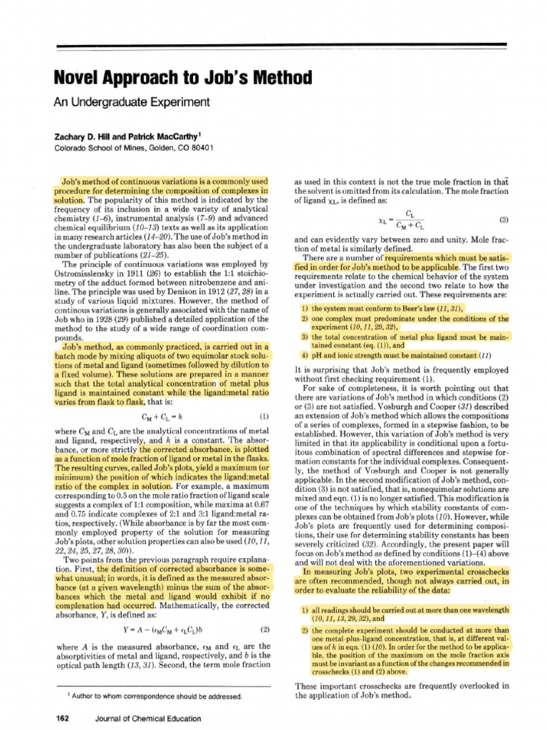 Novel Approach To Job's Method: An Undergraduate Experiment | PDF ...