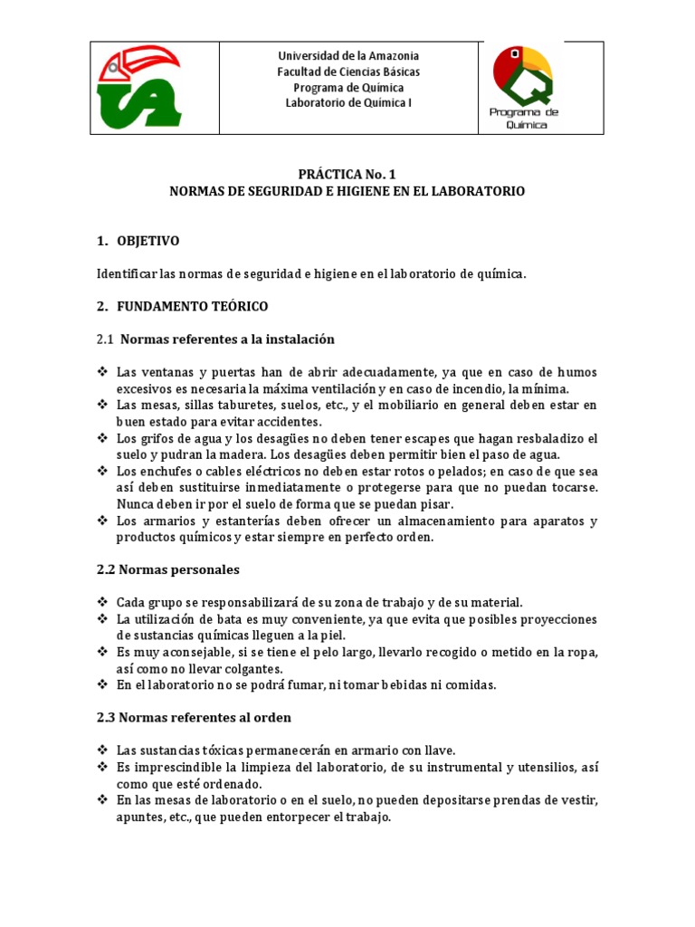 Guía 1 Normas de Seguridad e Higiene en Laboratorio | PDF ...
