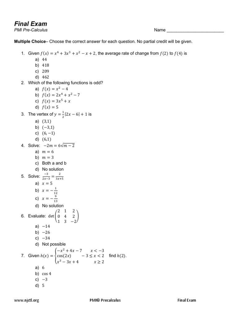 Pre Calc Precalculus Final Exam 2019 06 17 Teaching Mathematics Mathematical Analysis