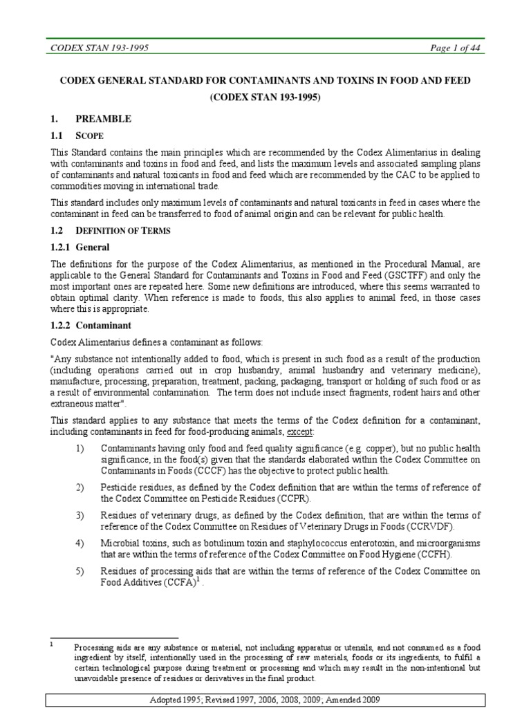 Codex General Standard For Contaminants and Toxins in Food and Feed