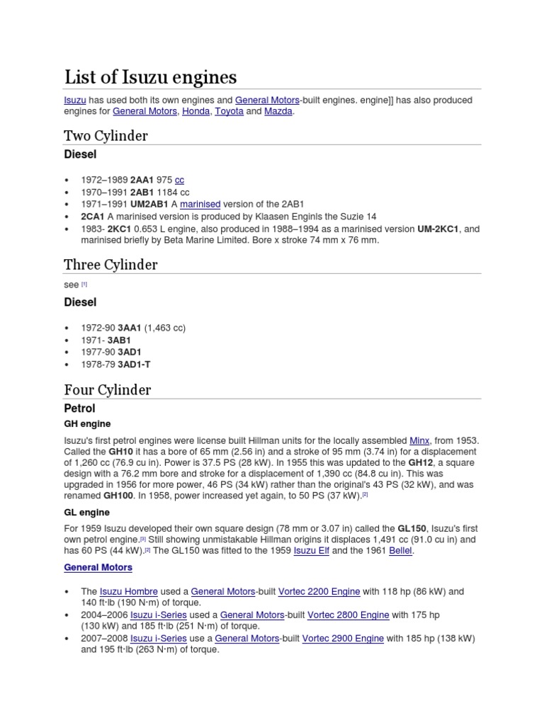 Isuzu Engine Specifications Overview | PDF | General Motors Marques ...