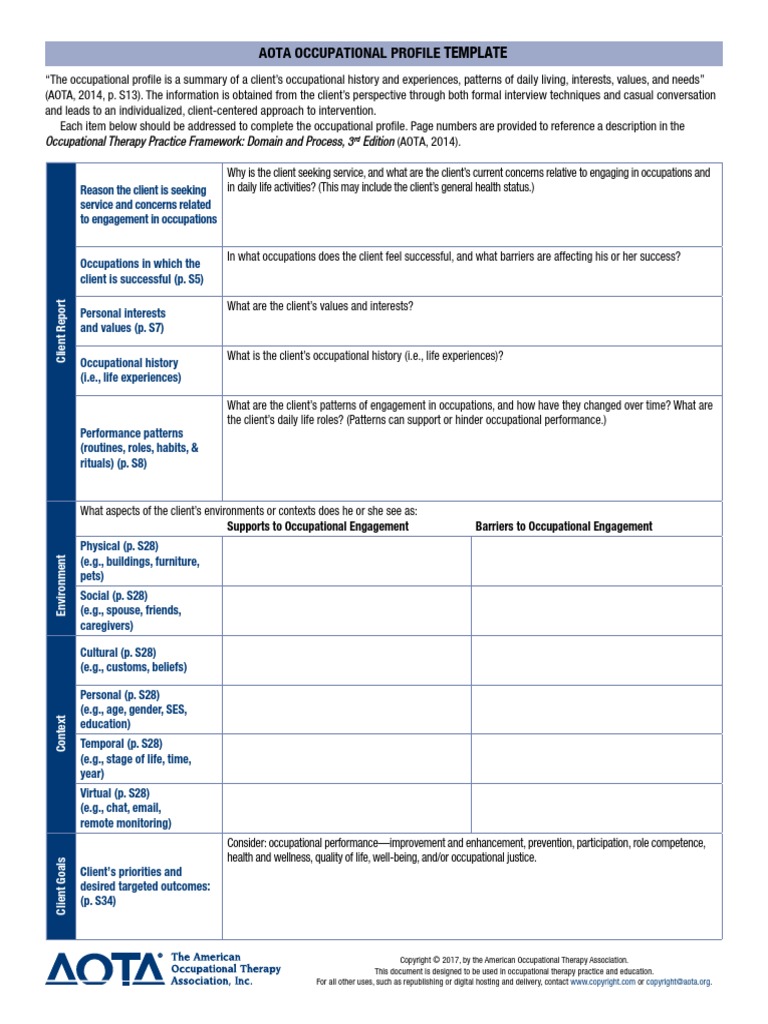 AOTA Occupational Profile Template PDF PDF Occupational Therapy