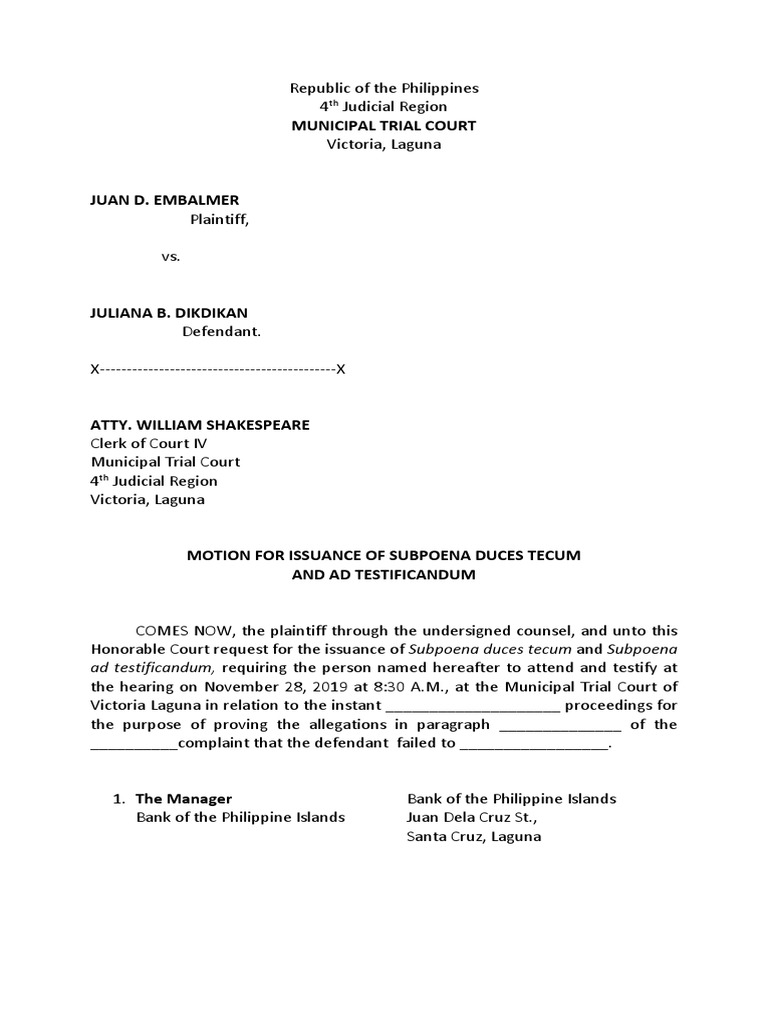 Motion for Subpoena Duces Tecum | PDF | Subpoena Duces Tecum | Subpoena