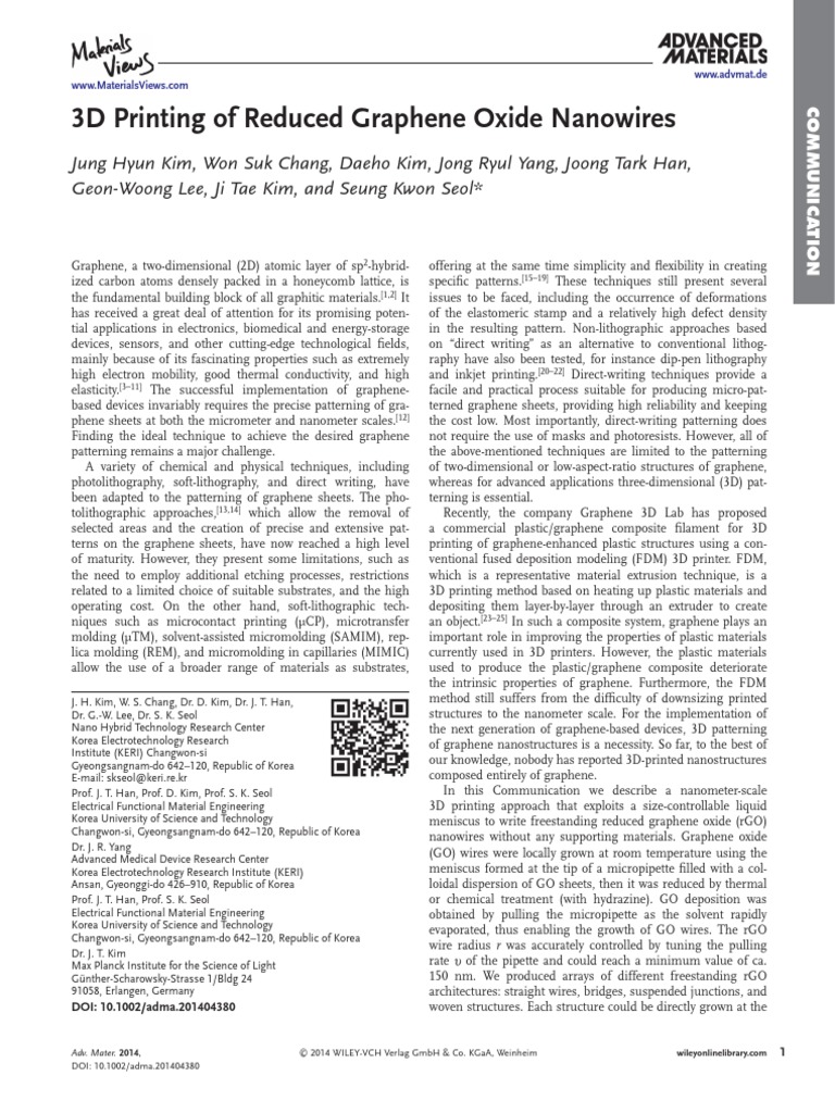 3D Printing of Reduced Graphene Oxide Nanowires | PDF | Graphene | Nanowire
