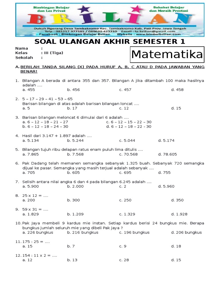 Soal Uas Matematika Kelas 3 Sd Semester 1 Ganjil Dan Kunci Jawaban Pdf