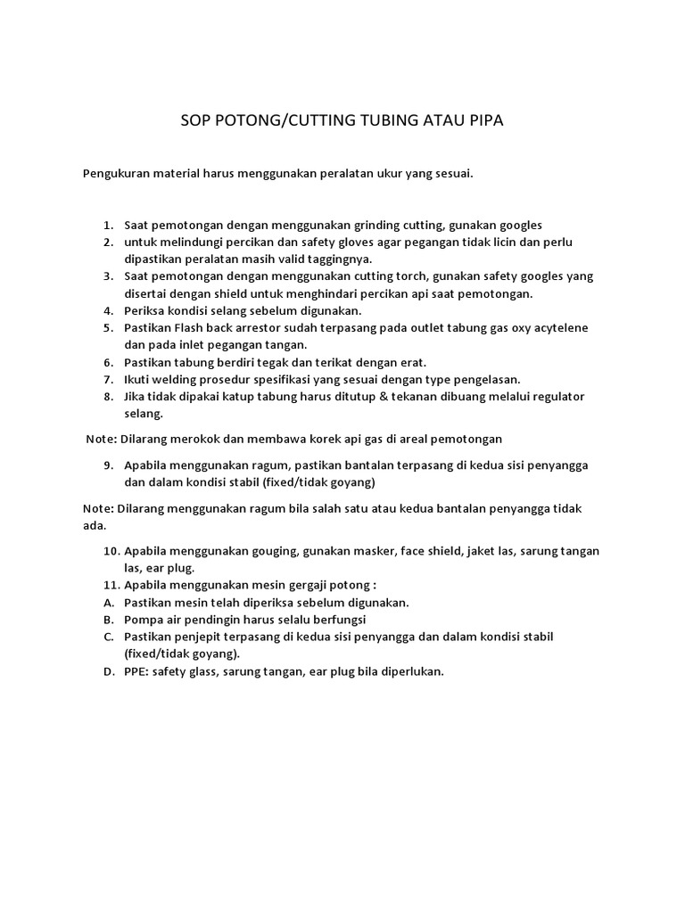 SOP Pemotongan Pipa dan Tubing | PDF | Griya & Taman