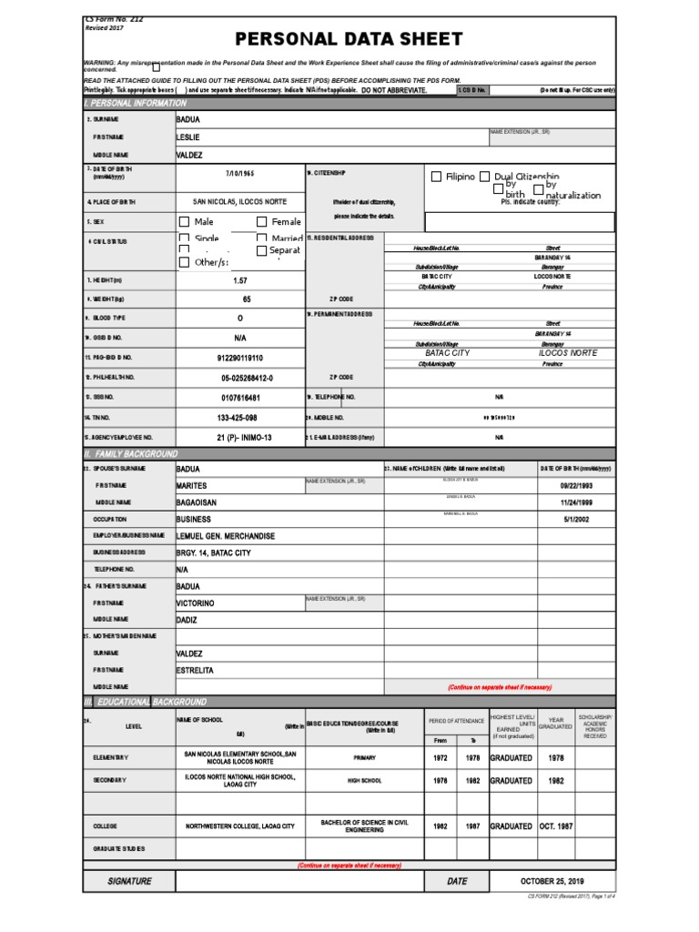 Personal Data Sheet Filipino Dual Citizenship by Birth by