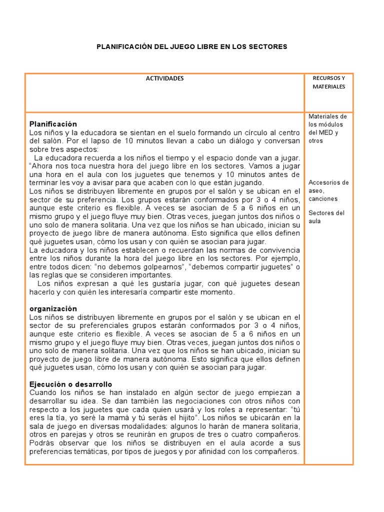 Planificación Del Juego Libre en Los Sectores | PDF | Cognición | Sicología