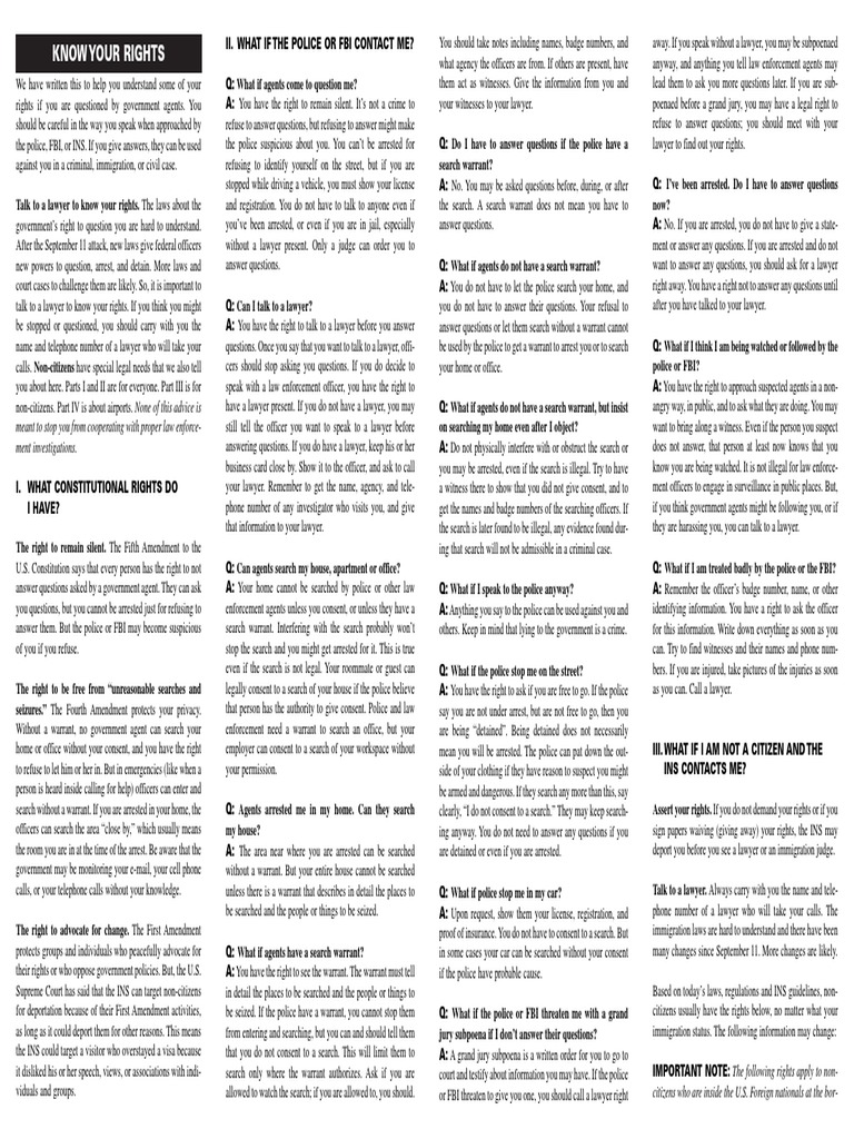 Know Your Rights When Questioned | PDF | Search And Seizure ...