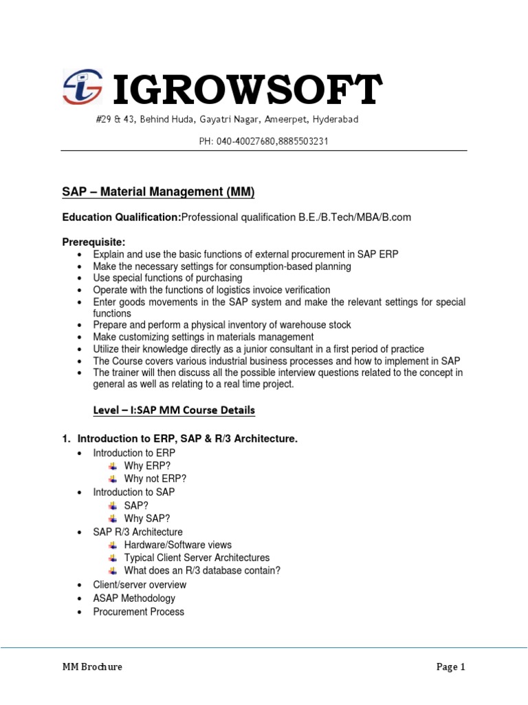 Igrowsoft Sap Material Management Mm Enterprise Resource Planning Information Technology