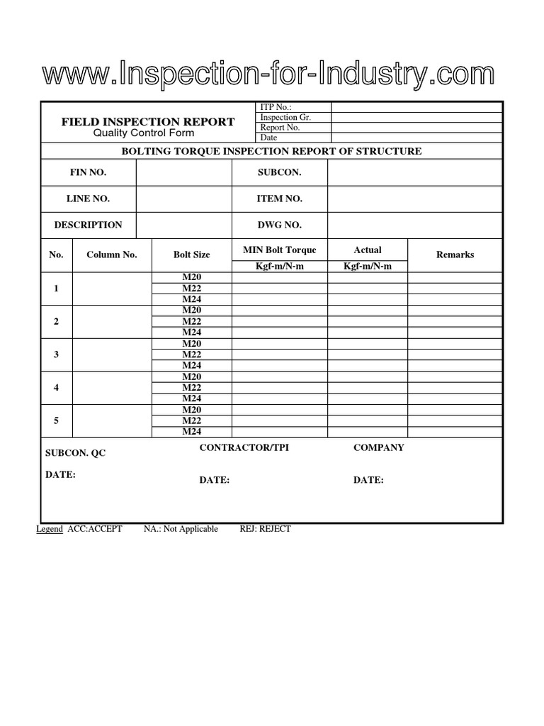 Bolting Torque of Structure Quality Control and Inspection Report Form ...