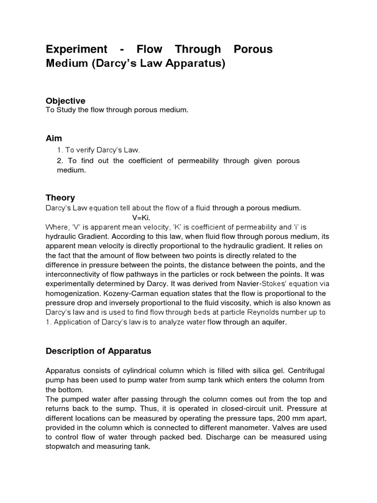 Experiment - Flow Through Porous Medium (Darcy's Law Apparatus) | PDF ...