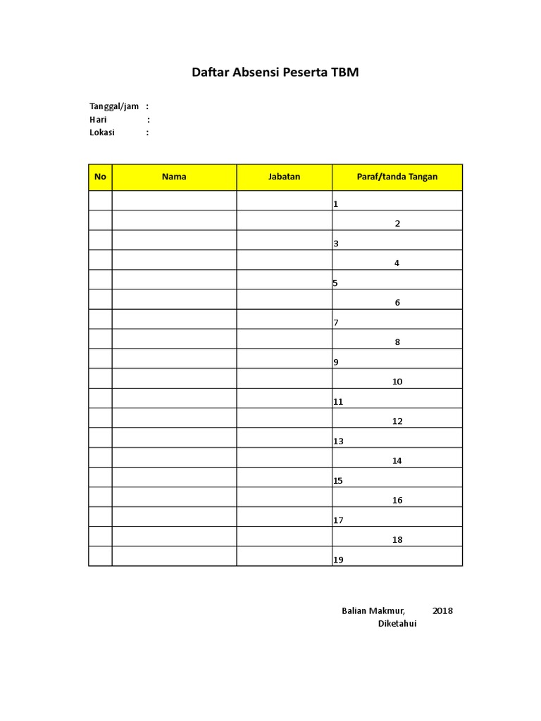 Daftar Absensi Peserta TBM | PDF
