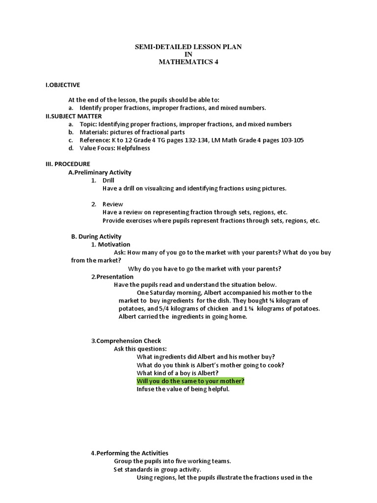 Lesson Plan in Math 4 (Kinds of Fractions) | PDF | Fraction ...