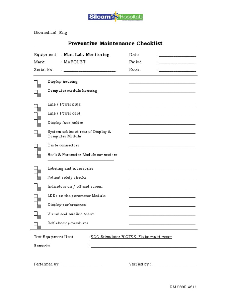 Preventive Maintenance Checklist Biomedical. Eng PDF Electrocardiography Switch