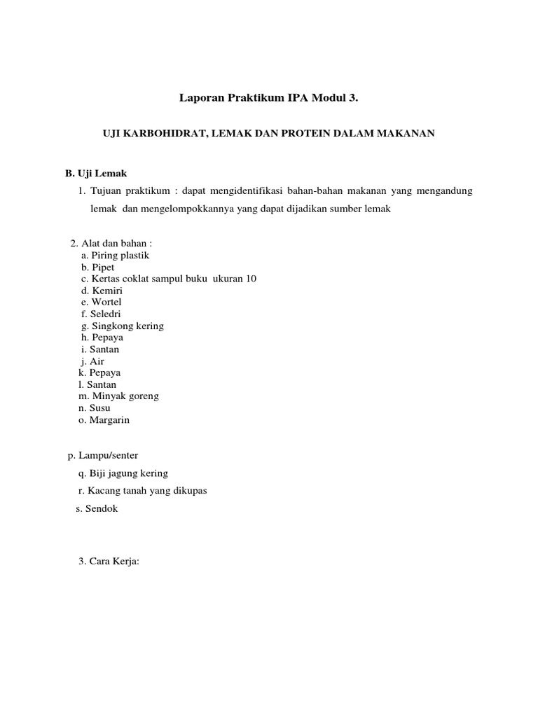 Laporan Praktikum Ipa Modul 3 Uji Karbohidrat Lemak Dan Protein Dalam Makanan