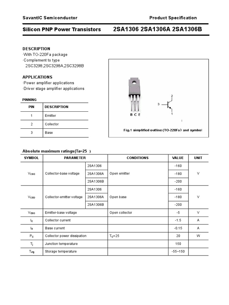 Silicon PNP Power Transistors: 2SA1306 2SA1306A 2SA1306B | PDF ...