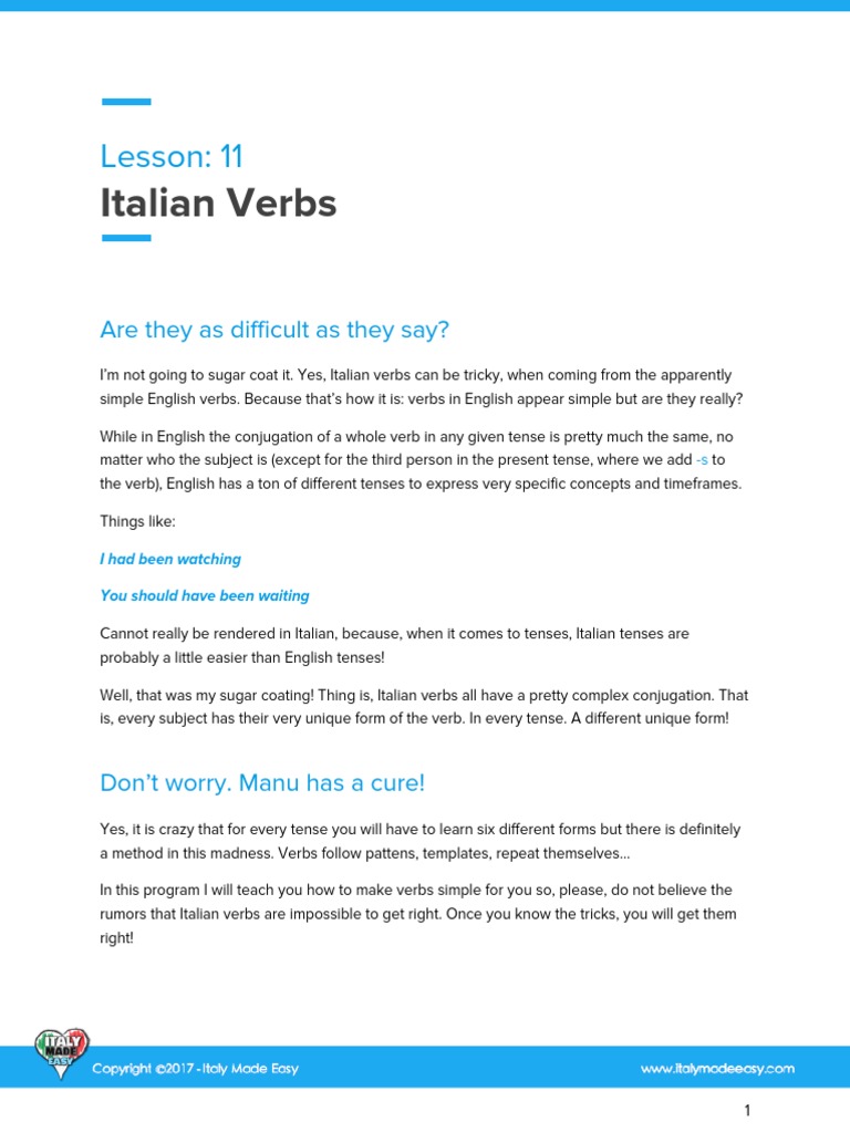 Italian Verbs: Lesson: 11 | PDF | Grammatical Tense | Grammatical ...