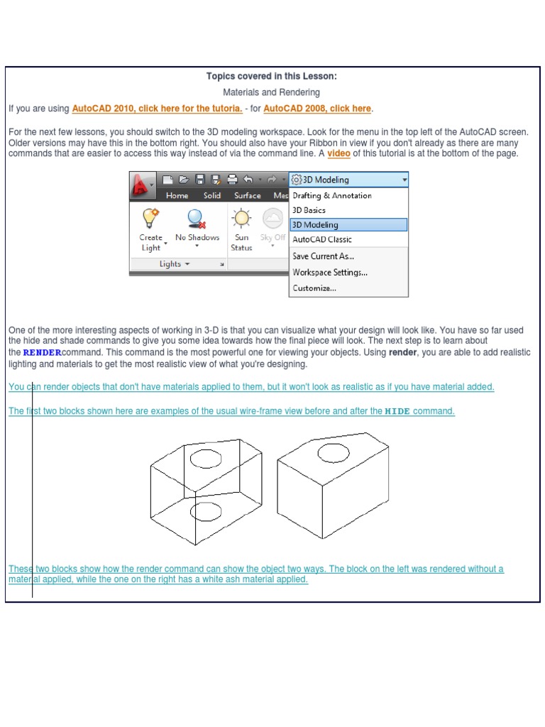 AutoCAD 3D Rendering and Materials Guide | PDF | Rendering (Computer ...
