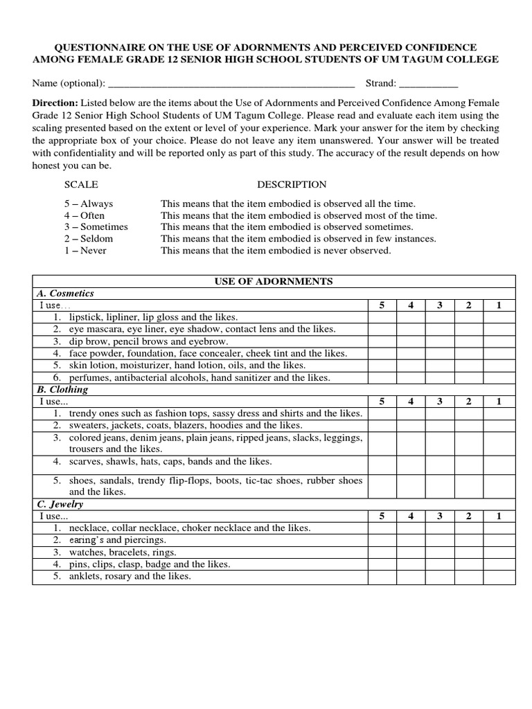 Questionnaire | PDF | Human Appearance | Consumer Goods