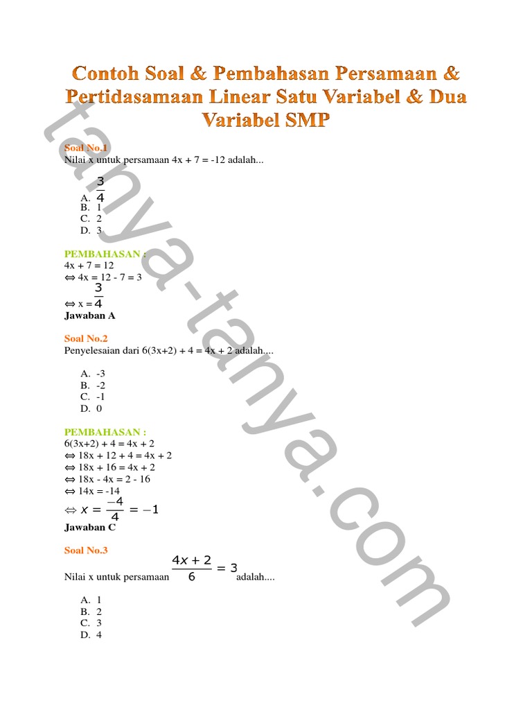 Contoh Soal Persamaan Linear PDF | PDF