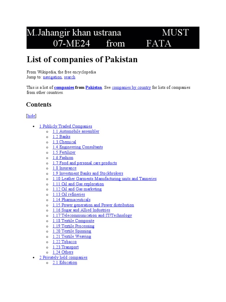 List of Companies of Pakistan | Pakistan | Wikipedia
